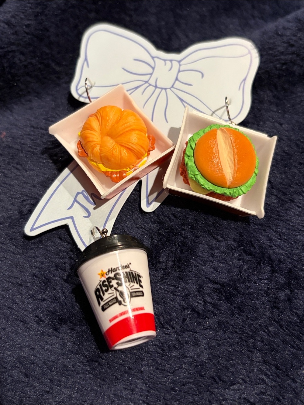 Handmade Orange Burger & Croissant Earrings with Mini Cup